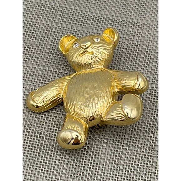 Teddy Bear Brooch Gold Tone Clear Rhinestone Eyes 2" - Picture 8 of 9